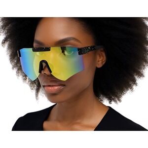Women Sunglasses Mirrored Visor Cyclops Futuristic Rave Party Sunglasses Lentes
